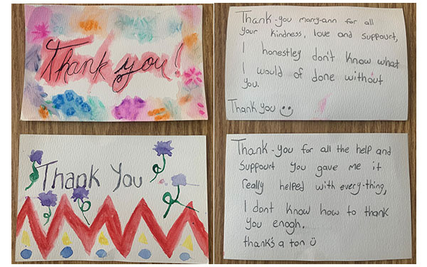 two handmade, handwritten thank you cards to paramedics