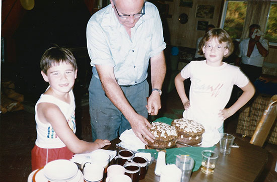   Gerry (Amy Flannigan’s brother), Carson Smith, Amy Flannigan in 1985 at their uncle Carson’s birthday party on Gambier Island