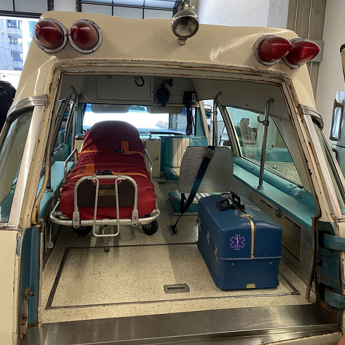 Looking inside the back of a 1968 Pontiac Bonneville ambulance